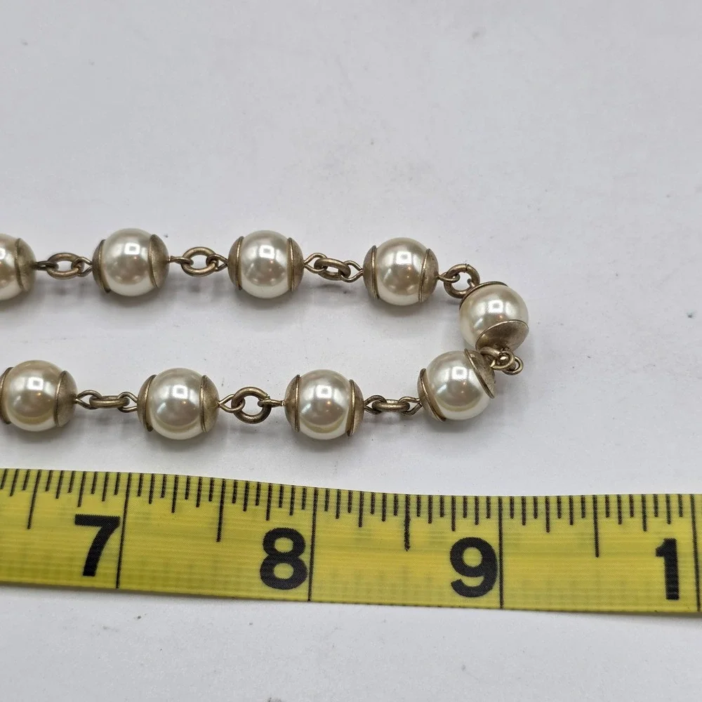 Anne Klein Gold Tone Faux Pearl Bead Cap Link Necklace with Lion Logo Charm